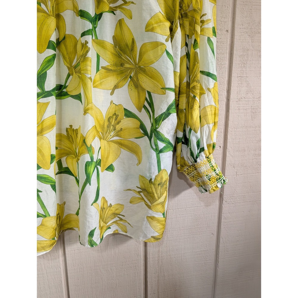 Alice +‎ Olivia Maylin Yellow Lily Floral Silk Blend Puff Sleeve Blouse Large - Picture 14 of 16